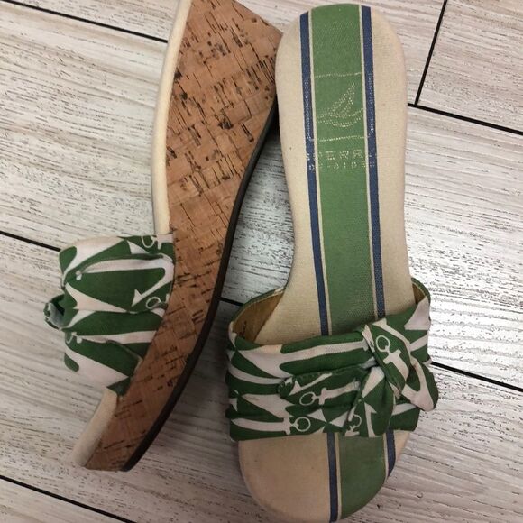 Sperry Green striped anchor cork wedge shoes 7.5 - Picture 2 of 8